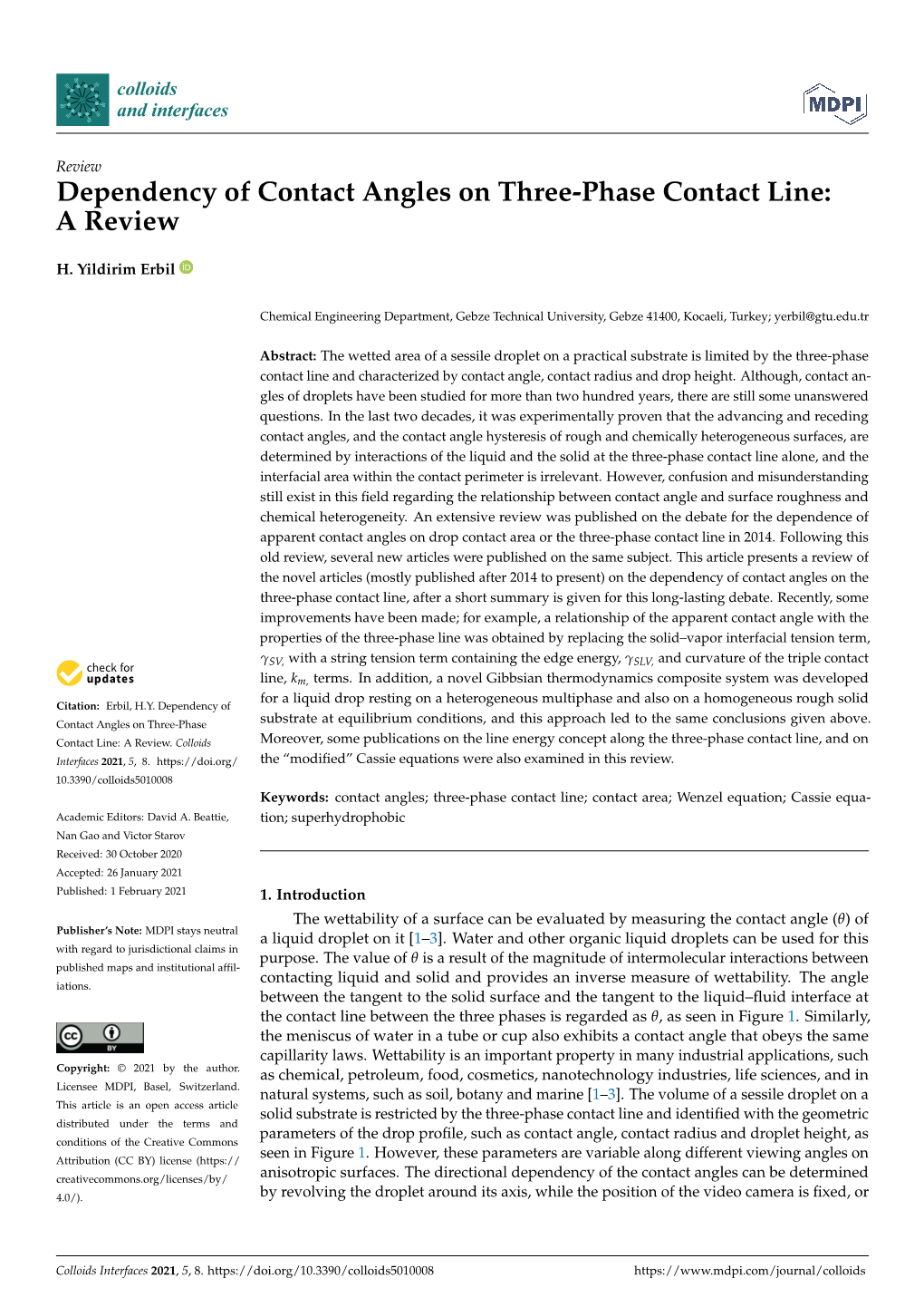 Dependency of Contact Angles on Three-Phase Contact Line: a Review