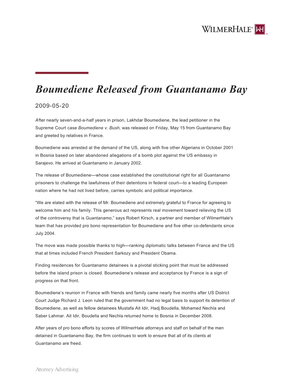 Boumediene Released from Guantanamo Bay | Wilmerhale