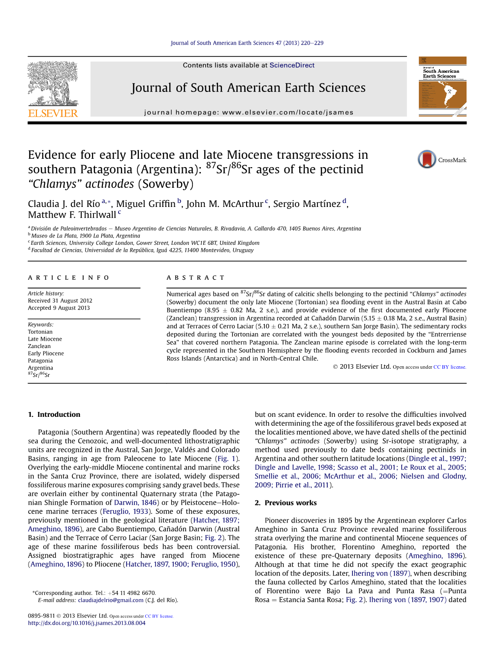 Evidence for Early Pliocene and Late Miocene Transgressions in Southern Patagonia (Argentina): 87Sr/86Sr Ages of the Pectinid “Chlamys” Actinodes (Sowerby)