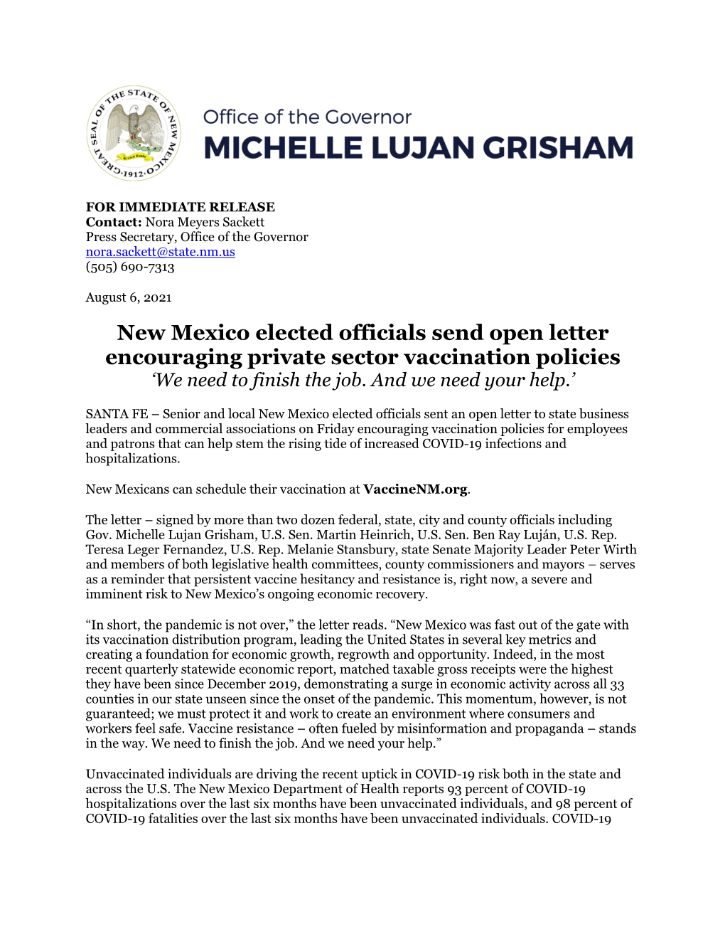 New Mexico Elected Officials Send Open Letter Encouraging Private Sector Vaccination Policies ‘We Need to Finish the Job