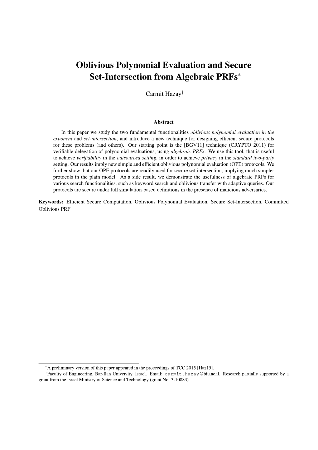 Oblivious Polynomial Evaluation and Secure Set-Intersection from Algebraic Prfs∗