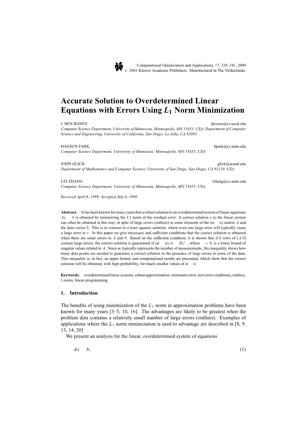 Accurate Solution to Overdetermined Linear Equations with Errors Using L1 Norm Minimization