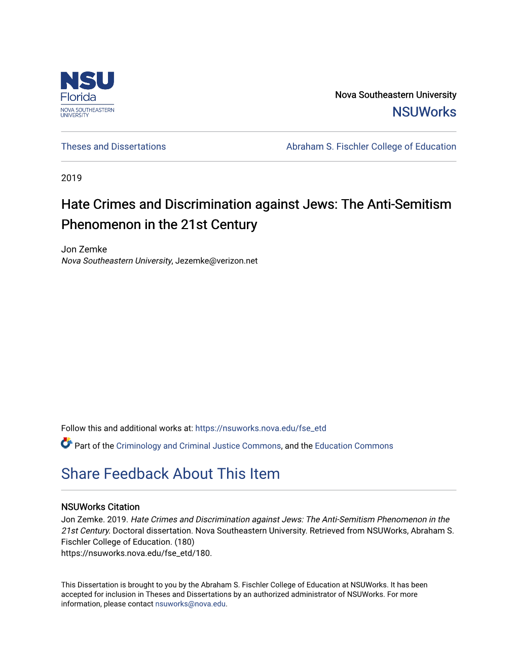 Hate Crimes and Discrimination Against Jews: the Anti-Semitism Phenomenon in the 21St Century