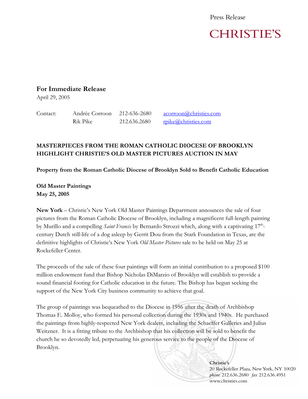For Immediate Release April 29, 2005