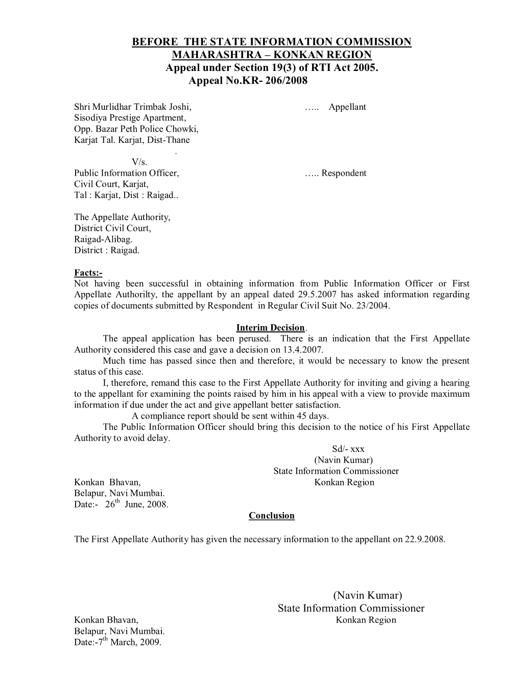 KONKAN REGION Appeal Under Section 19(3) of RTI Act 2005