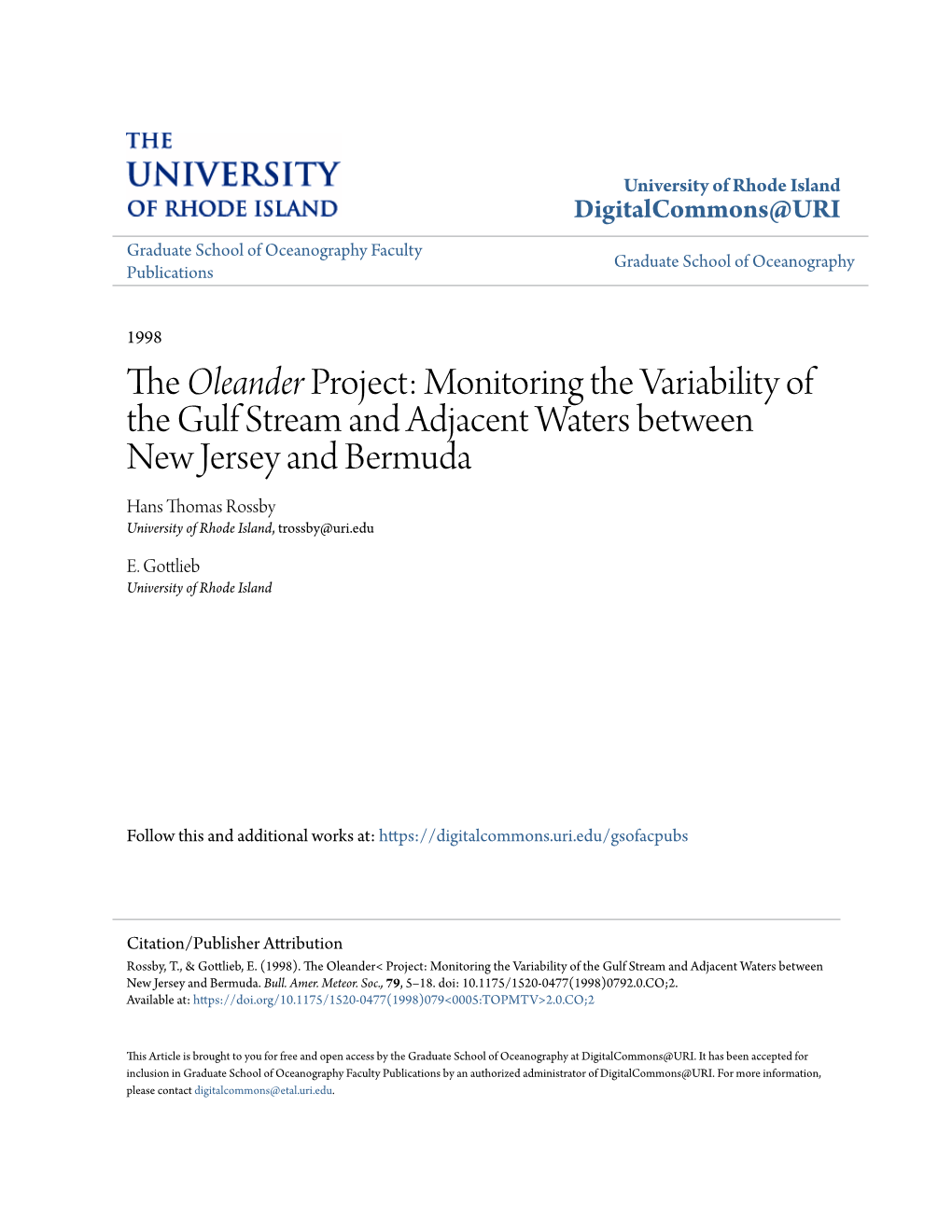 Monitoring the Variability of the Gulf Stream and Adjacent Waters Between New Jersey and Bermuda Hans Thomas Rossby University of Rhode Island, Trossby@Uri.Edu