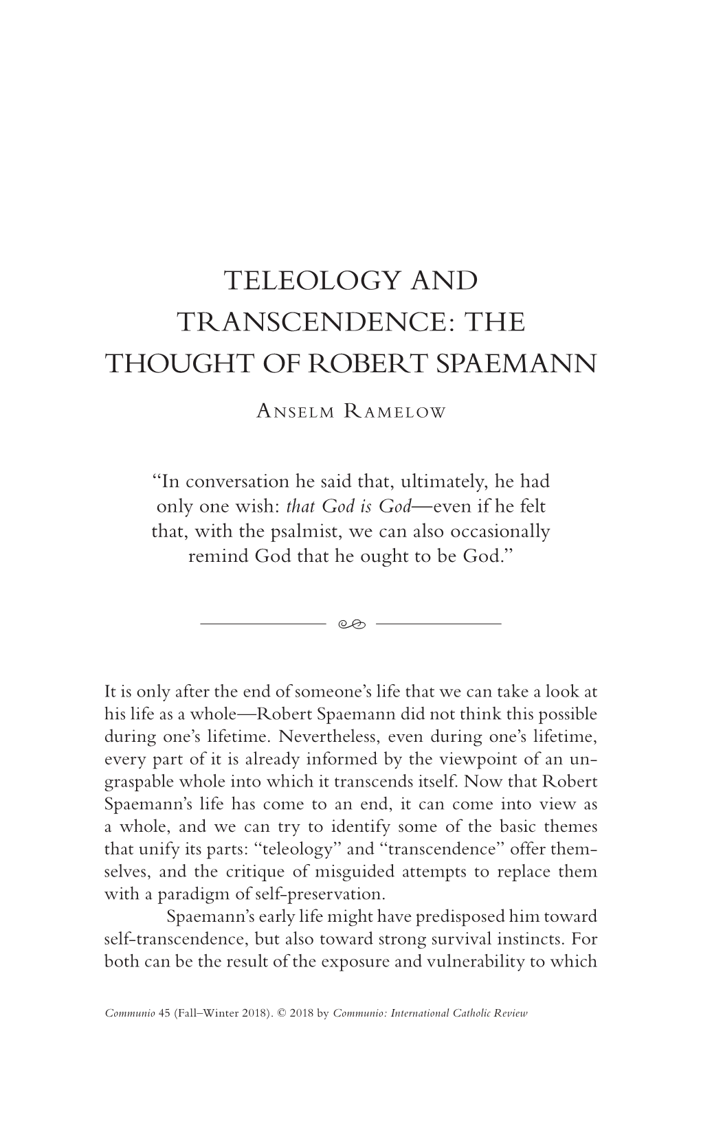 Teleology and Transcendence: the Thought of Robert Spaemann