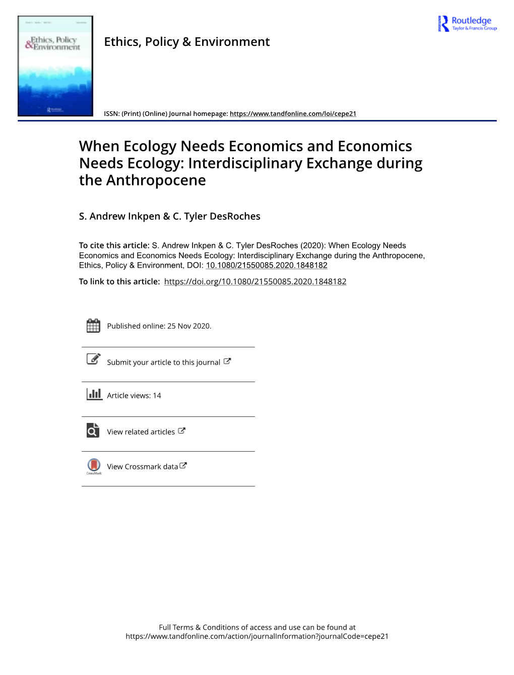 When Ecology Needs Economics and Economics Needs Ecology: Interdisciplinary Exchange During the Anthropocene