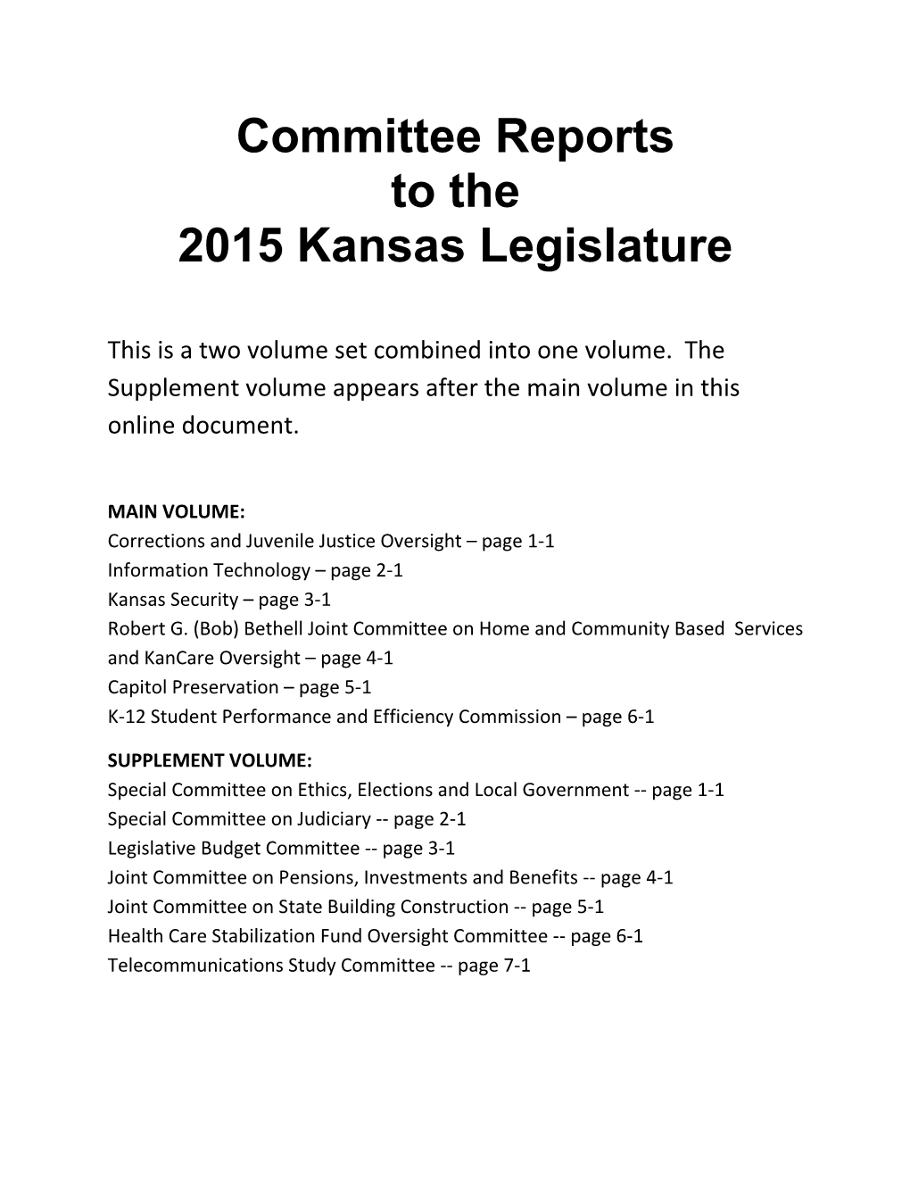 Committee Reports to the 2015 Kansas Legislature