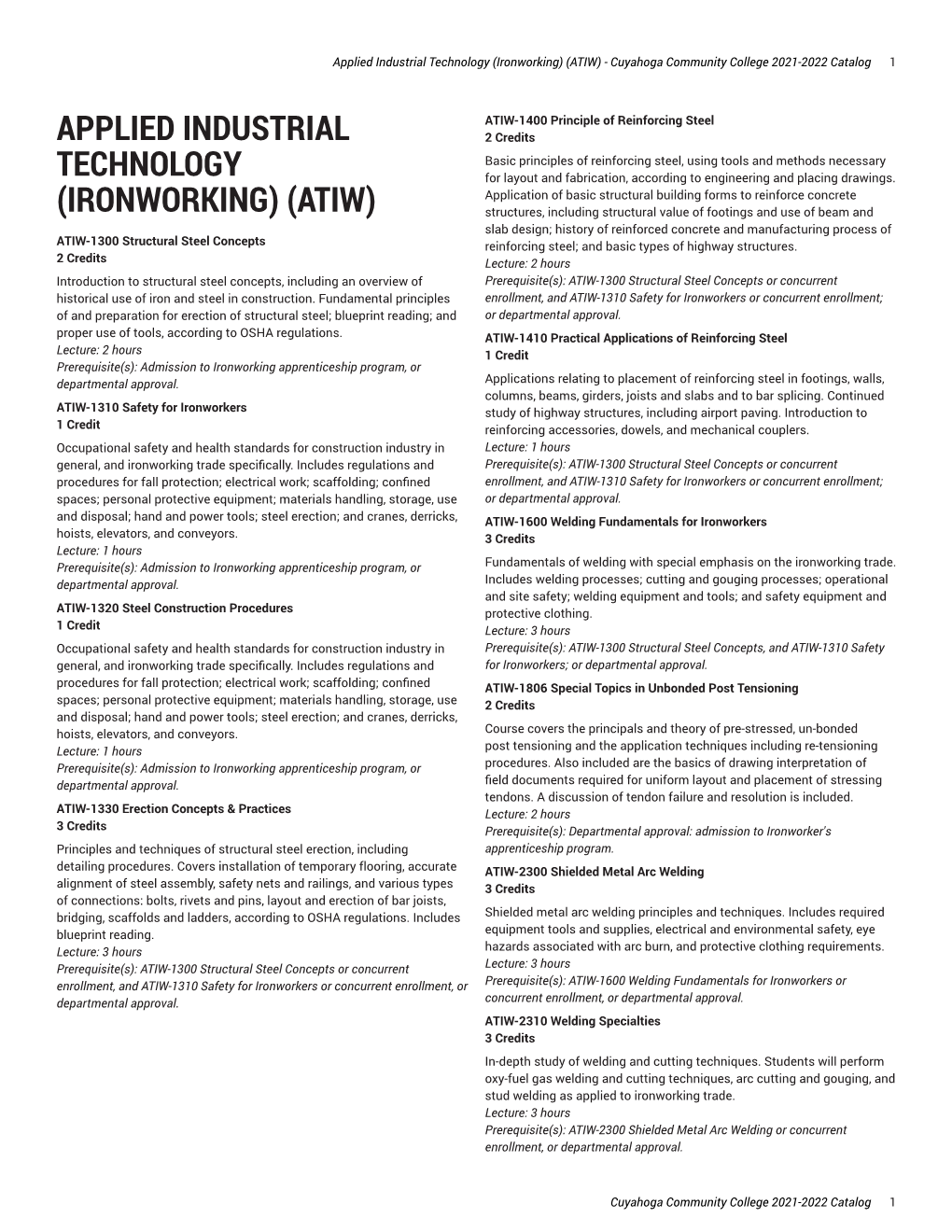 Applied Industrial Technology (Ironworking) (ATIW) - Cuyahoga Community College 2021-2022 Catalog 1