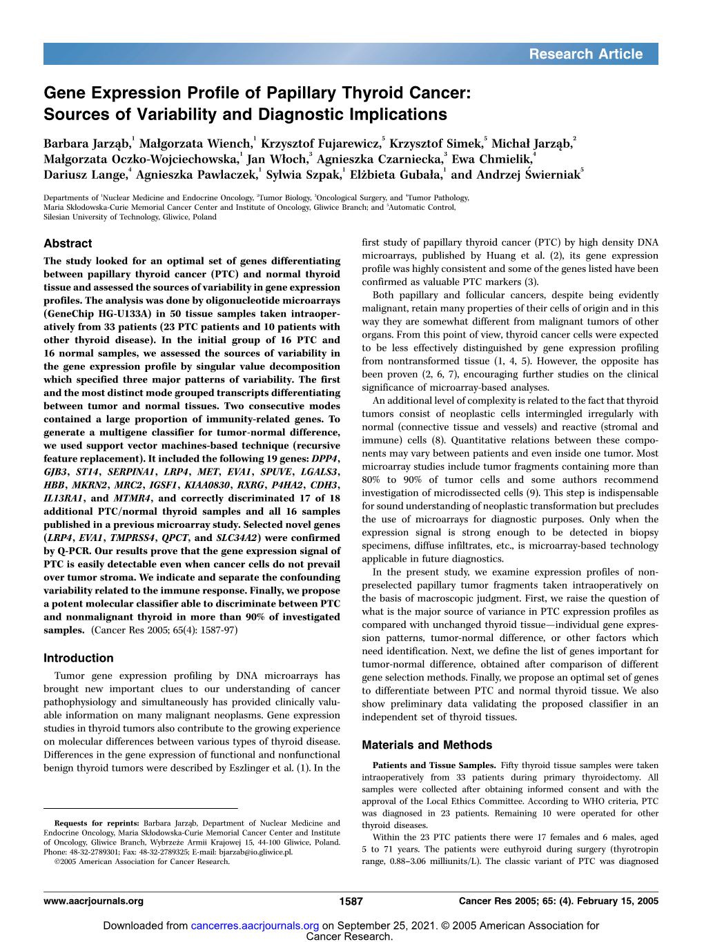 Gene Expression Profile of Papillary Thyroid Cancer: Sources of Variability and Diagnostic Implications