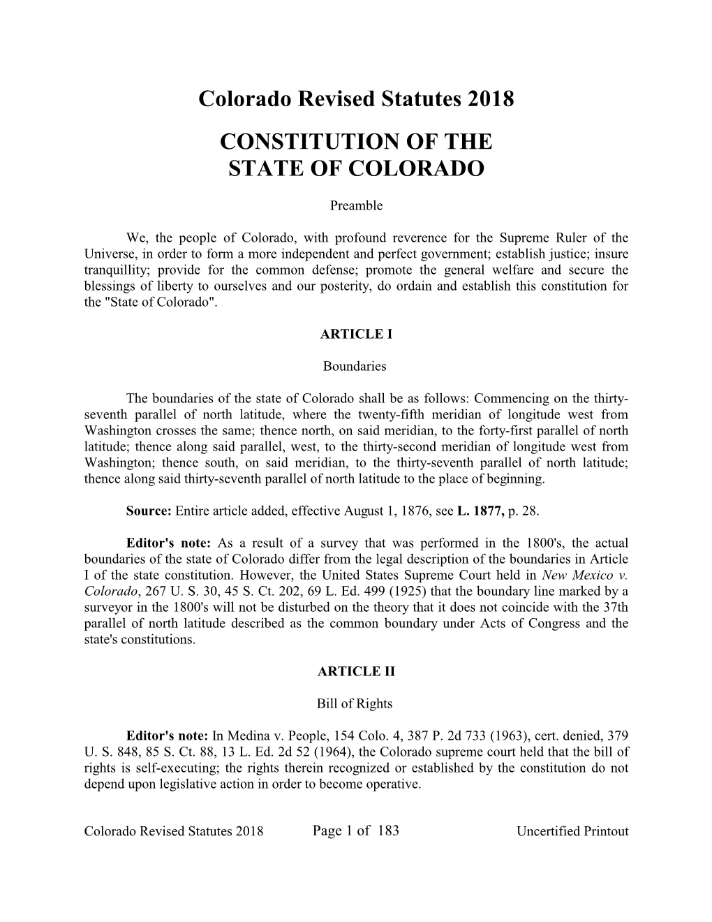 Colorado Revised Statutes 2018 CONSTITUTION of the STATE of COLORADO