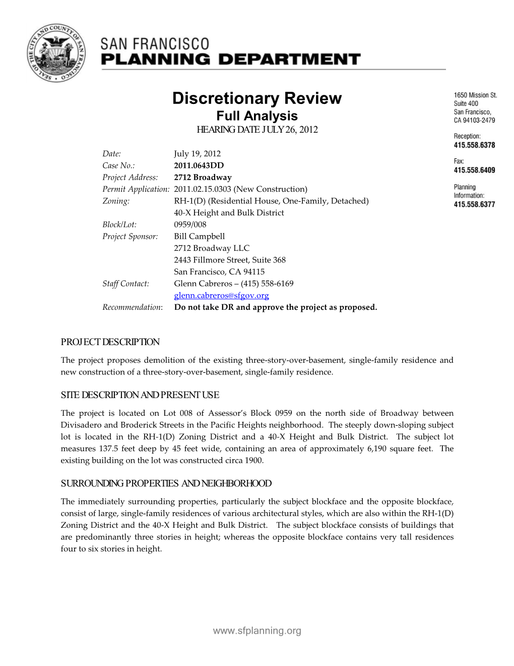 Discretionary Review Full Analysis HEARING DATE JULY 26, 2012