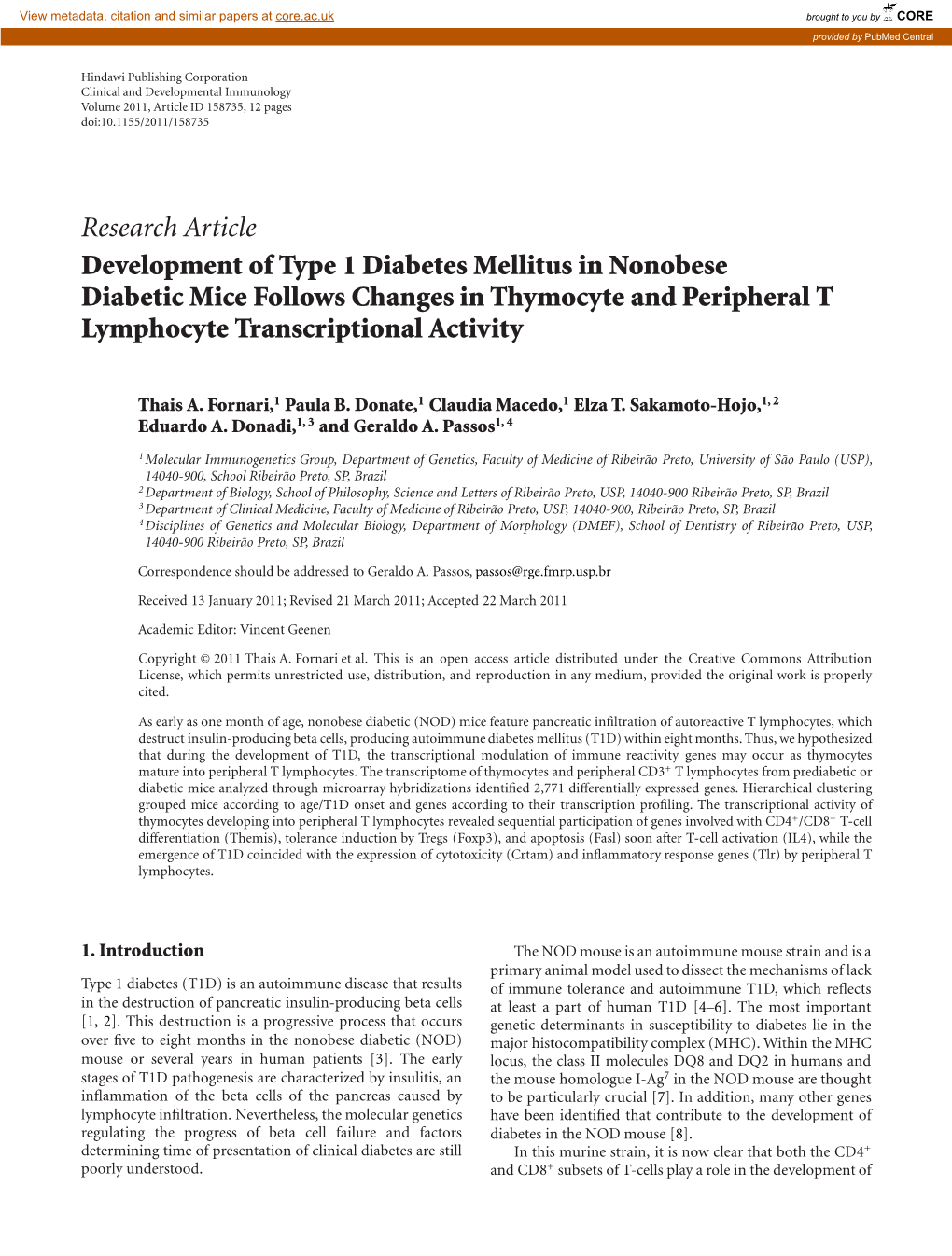 Research Article Development of Type 1 Diabetes Mellitus in Nonobese Diabetic Mice Follows Changes in Thymocyte and Peripheral T Lymphocyte Transcriptional Activity