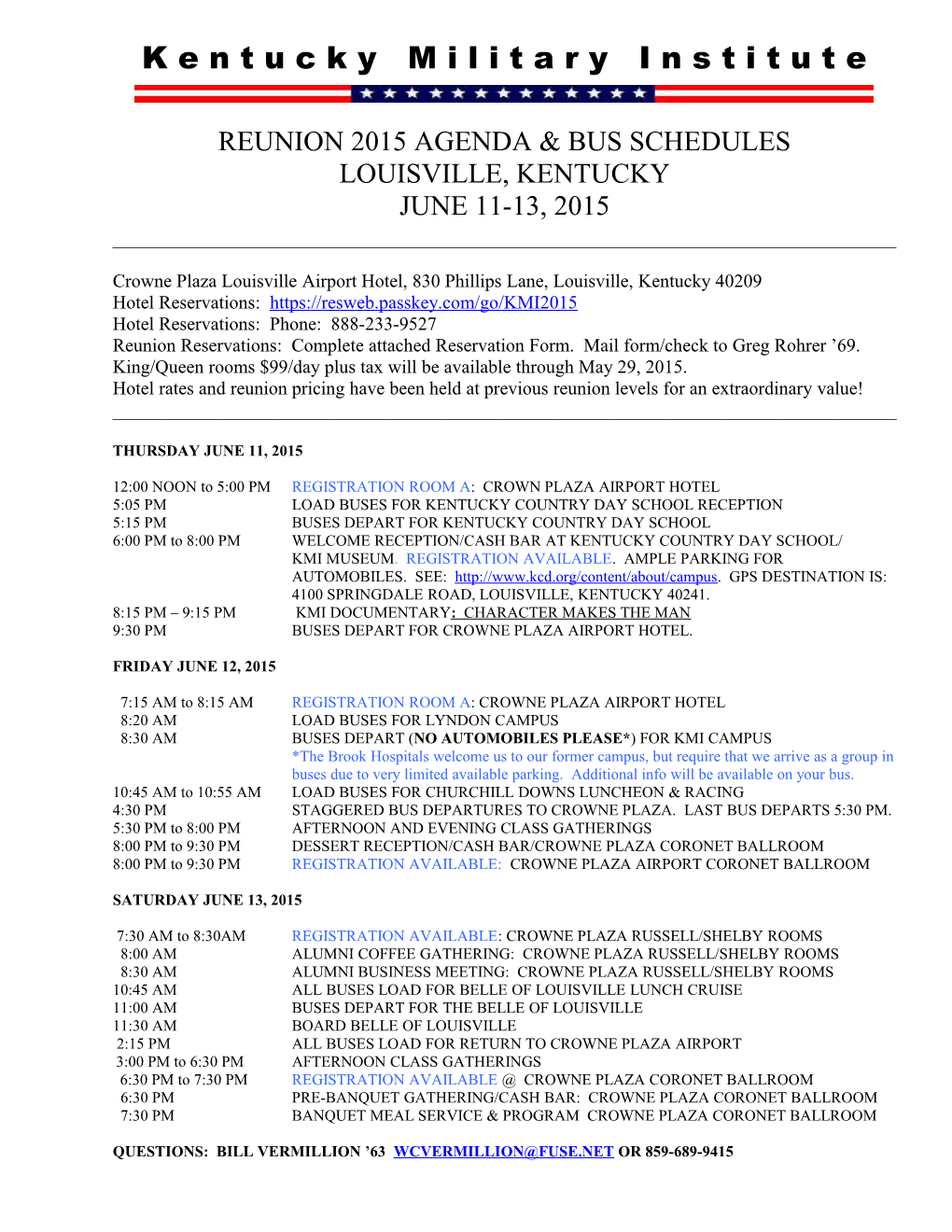 Reunion 2015 Agenda & Bus Schedules