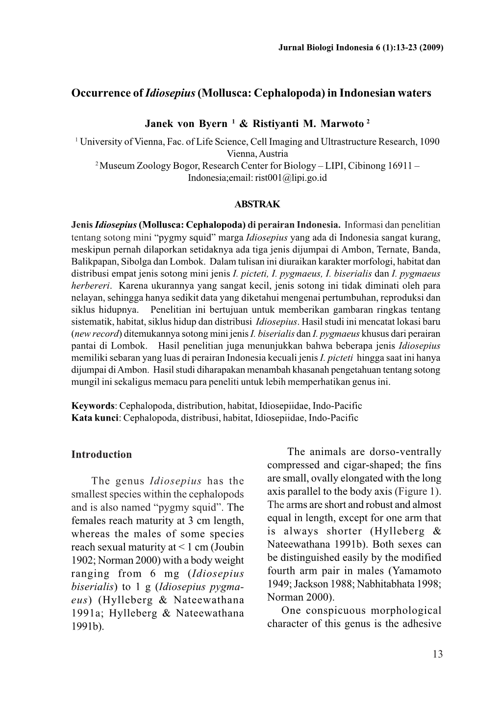 Occurrence of Idiosepius (Mollusca: Cephalopoda) in Indonesian Waters