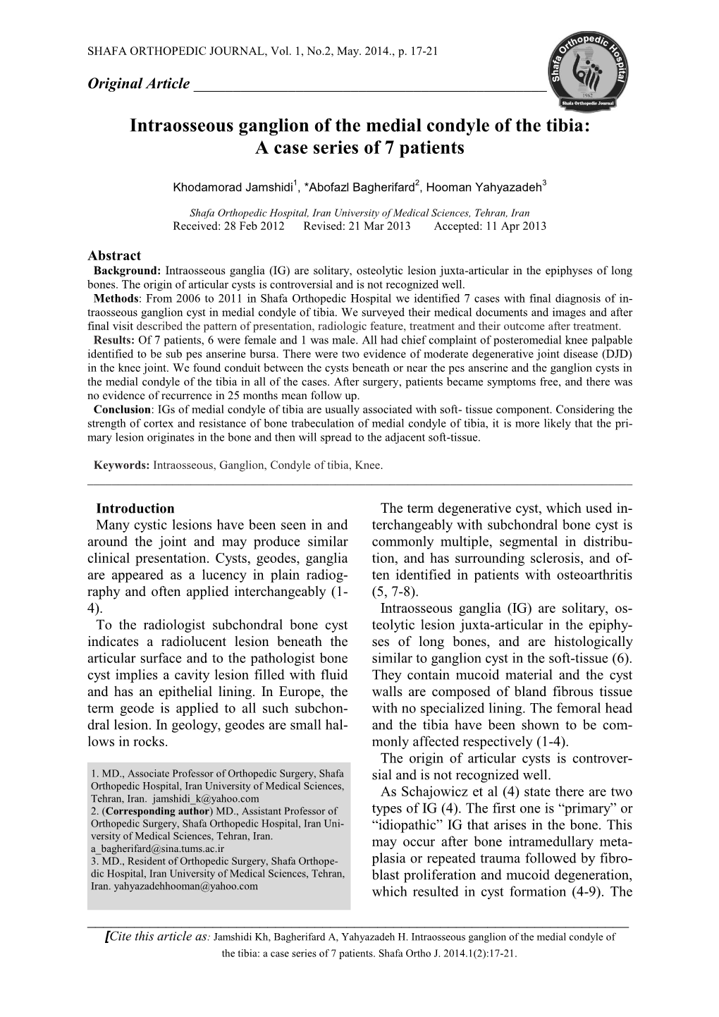 Intraosseous Ganglion of the Medial Condyle of the Tibia: a Case Series of 7 Patients