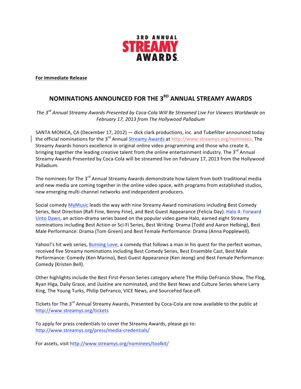 Nominations Announced for the 3Rd Annual Streamy Awards