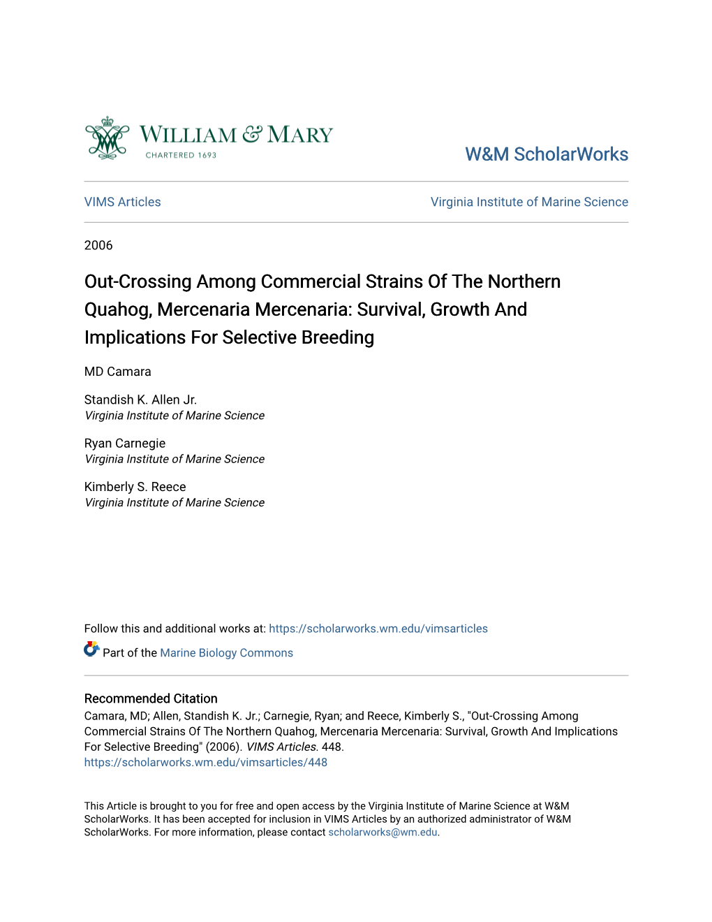 Out-Crossing Among Commercial Strains of the Northern Quahog, Mercenaria Mercenaria: Survival, Growth and Implications for Selective Breeding