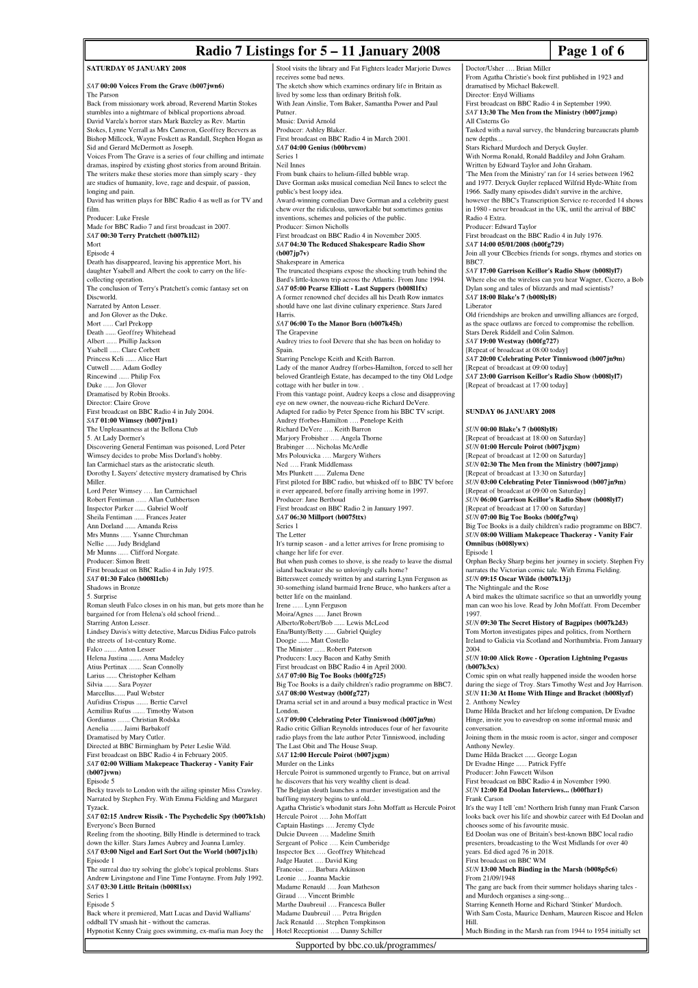 Radio 7 Listings for 5 – 11 January 2008 Page 1 of 6 SATURDAY 05 JANUARY 2008 Stool Visits the Library and Fat Fighters Leader Marjorie Dawes Doctor/Usher …