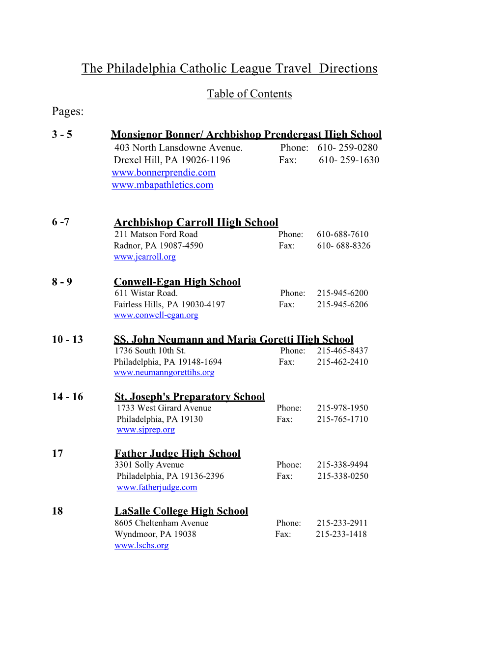 The Philadelphia Catholic League Travel Directions