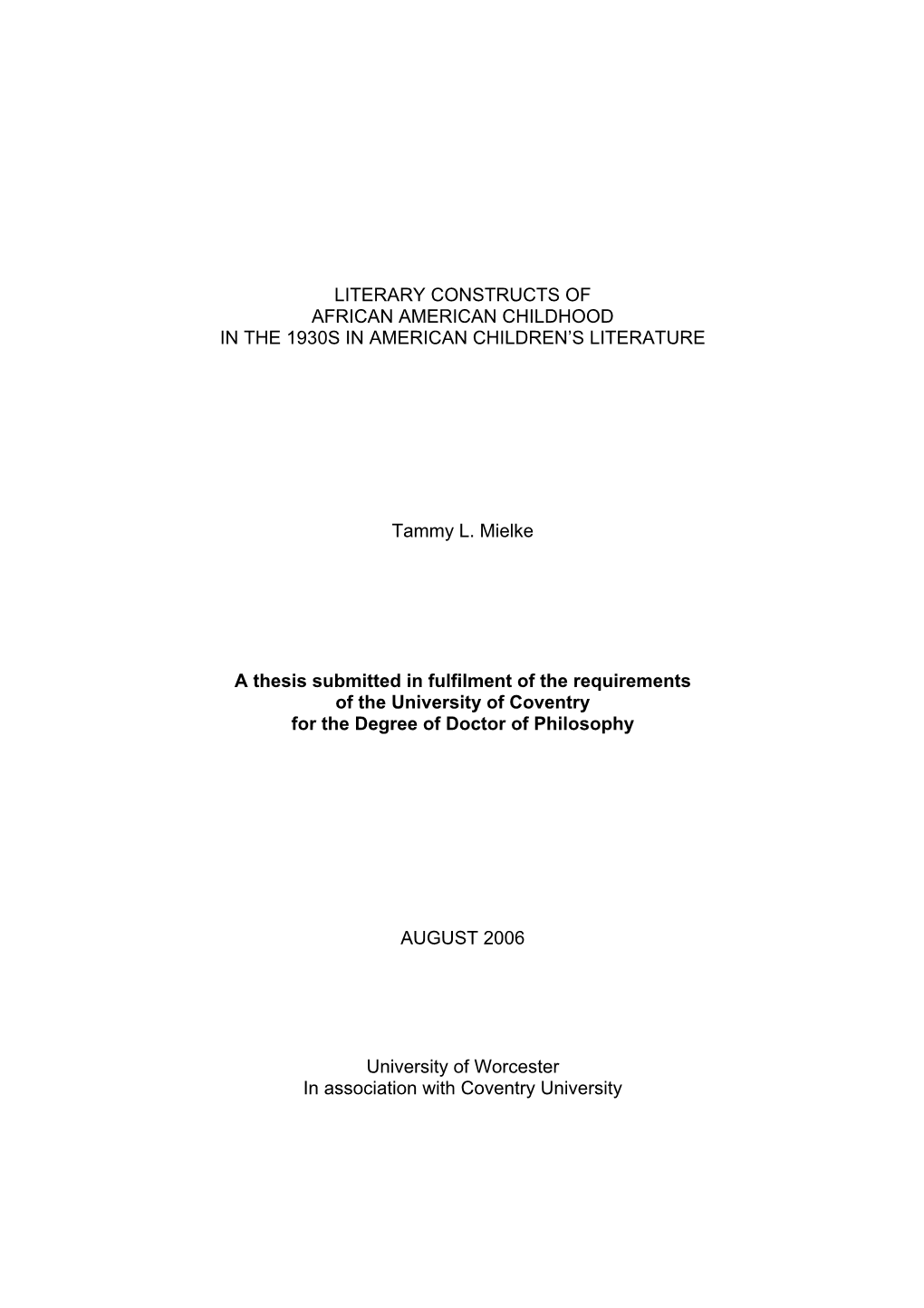 Literary Constructs of African American Childhood in the 1930S in American Children’S Literature