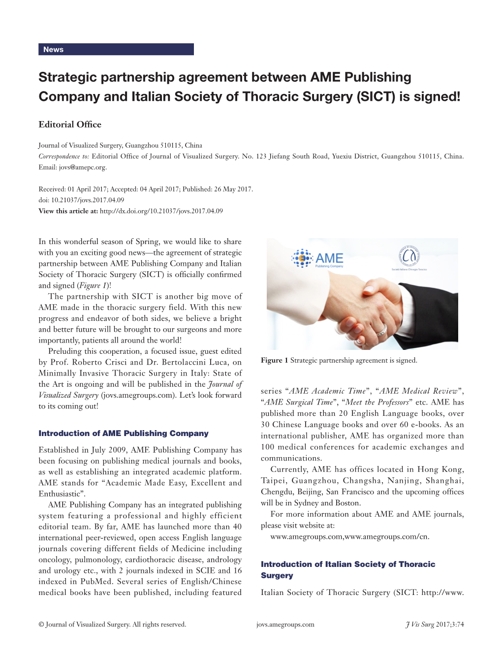 Strategic Partnership Agreement Between AME Publishing Company and Italian Society of Thoracic Surgery (SICT) Is Signed!