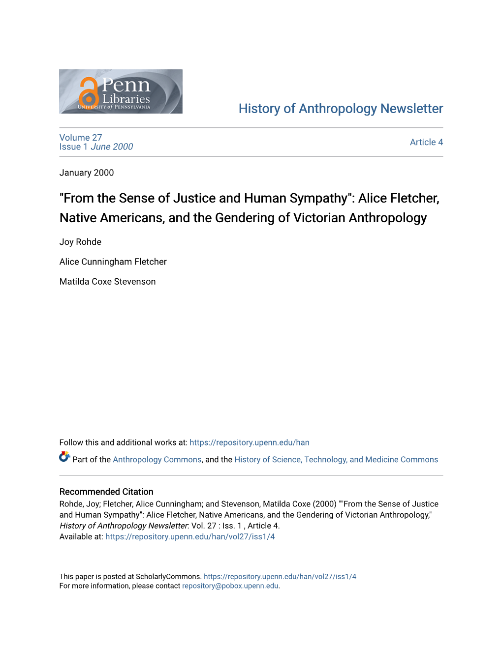 "From the Sense of Justice and Human Sympathy": Alice Fletcher, Native Americans, and the Gendering of Victorian Anthropology