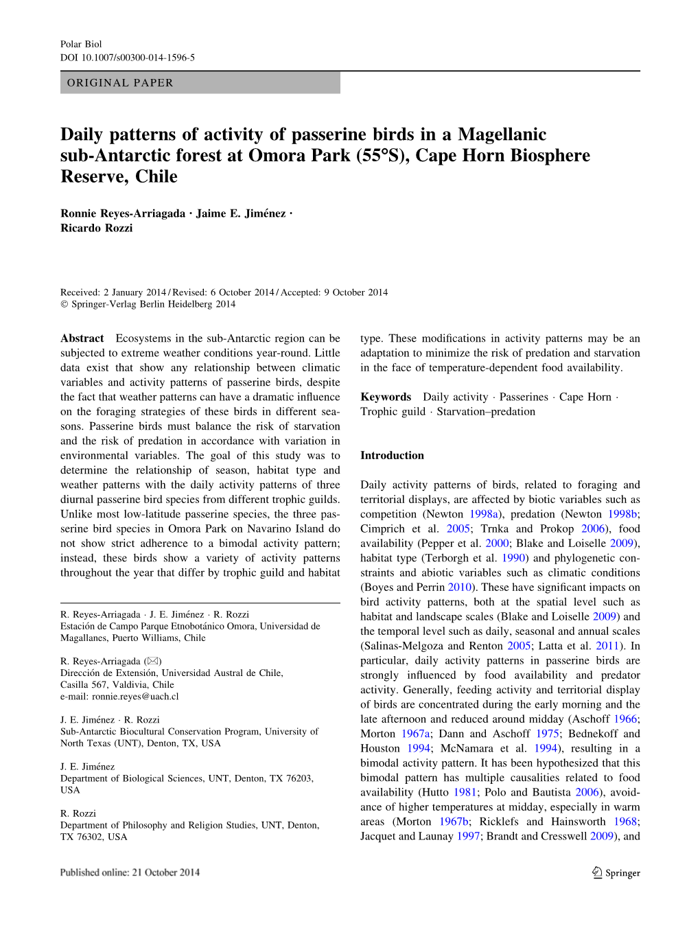 Daily Patterns of Activity of Passerine Birds in a Magellanic Sub-Antarctic Forest at Omora Park (55°S), Cape Horn Biosphere Reserve, Chile