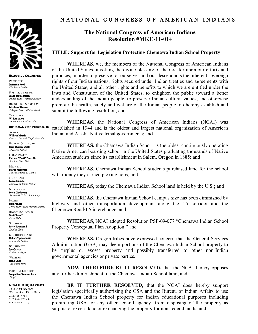 The National Congress of American Indians Resolution #MKE-11-014