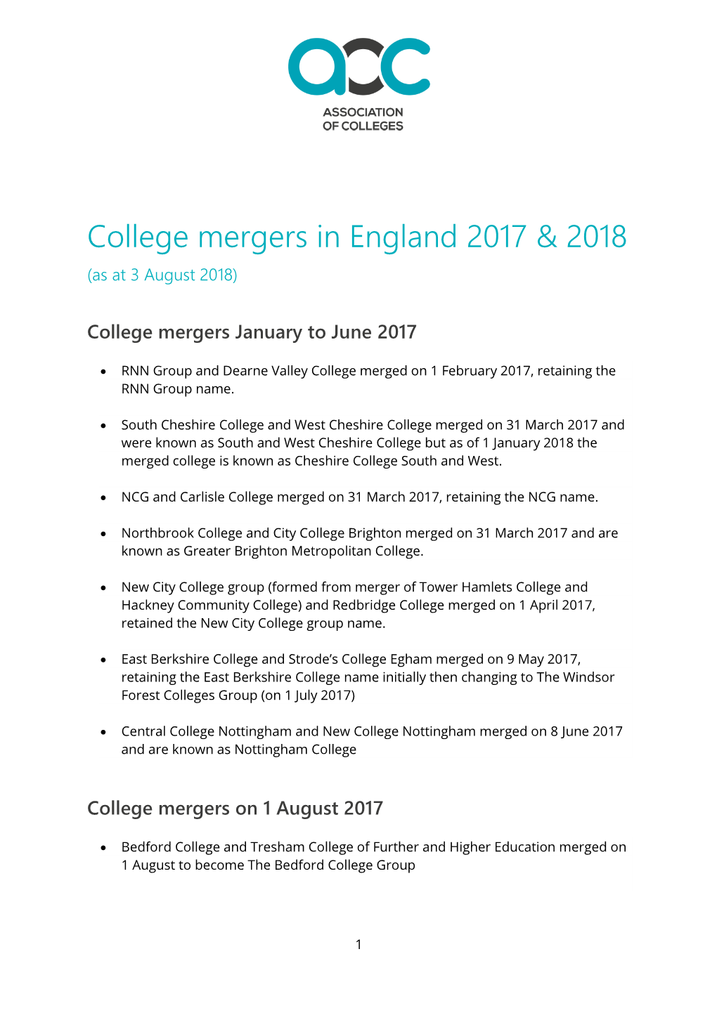 College Mergers in England 2017 & 2018