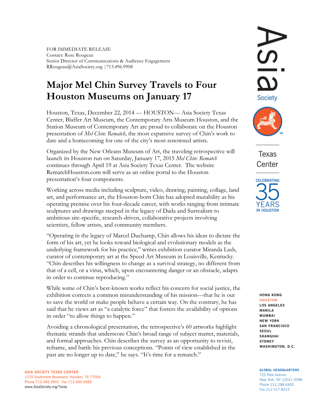 Major Mel Chin Survey Travels to Four Houston Museums on January 17