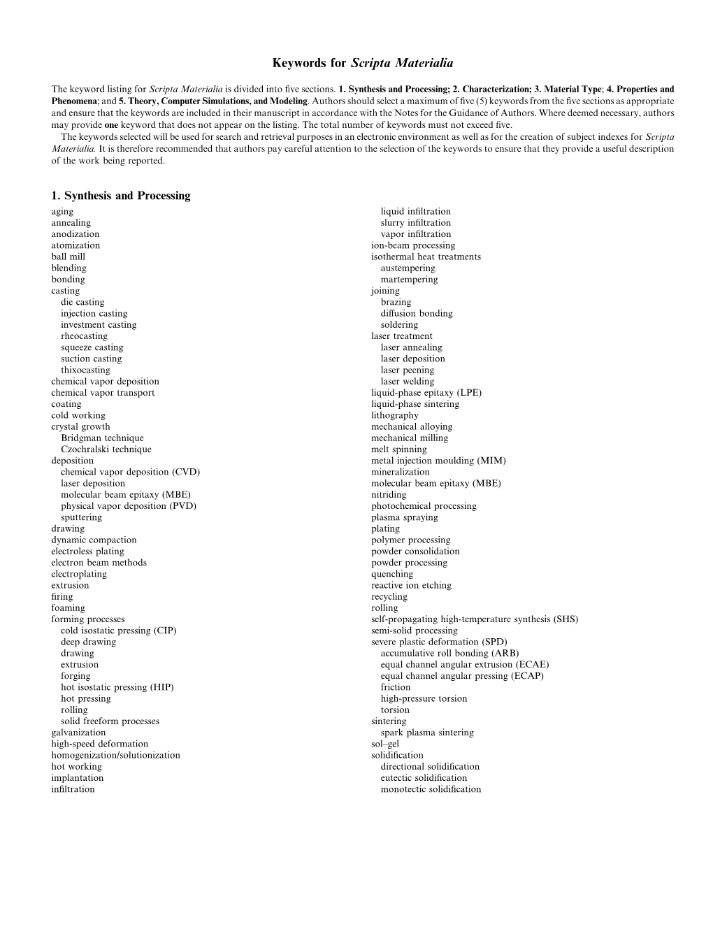 Keywords for Scripta Materialia