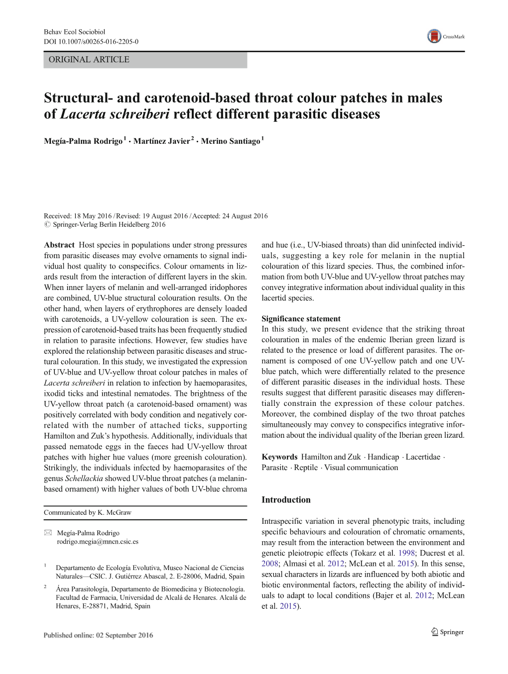 And Carotenoid-Based Throat Colour Patches in Males of Lacerta Schreiberi Reflect Different Parasitic Diseases