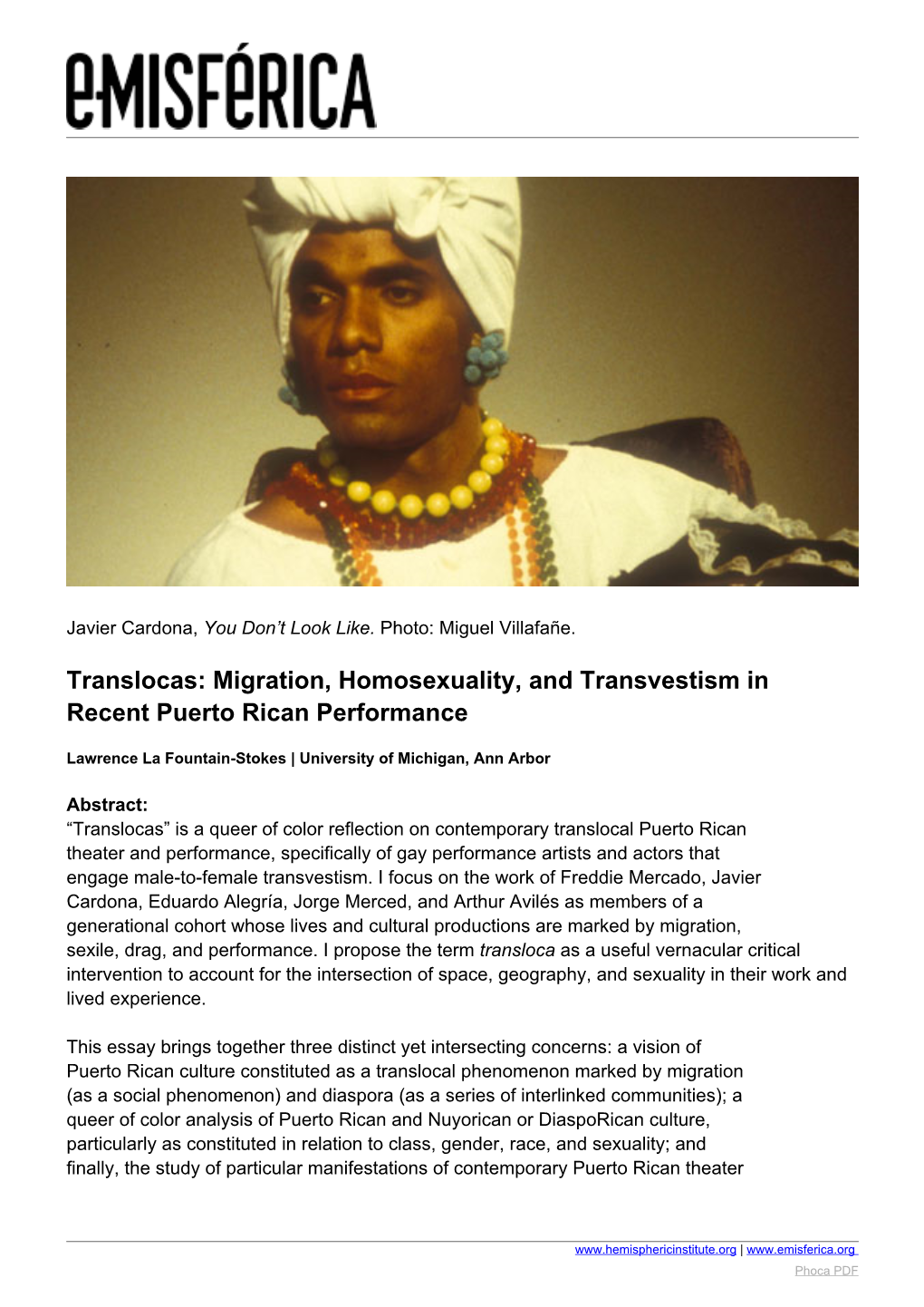 Translocas: Migration, Homosexuality, and Transvestism in Recent Puerto Rican Performance