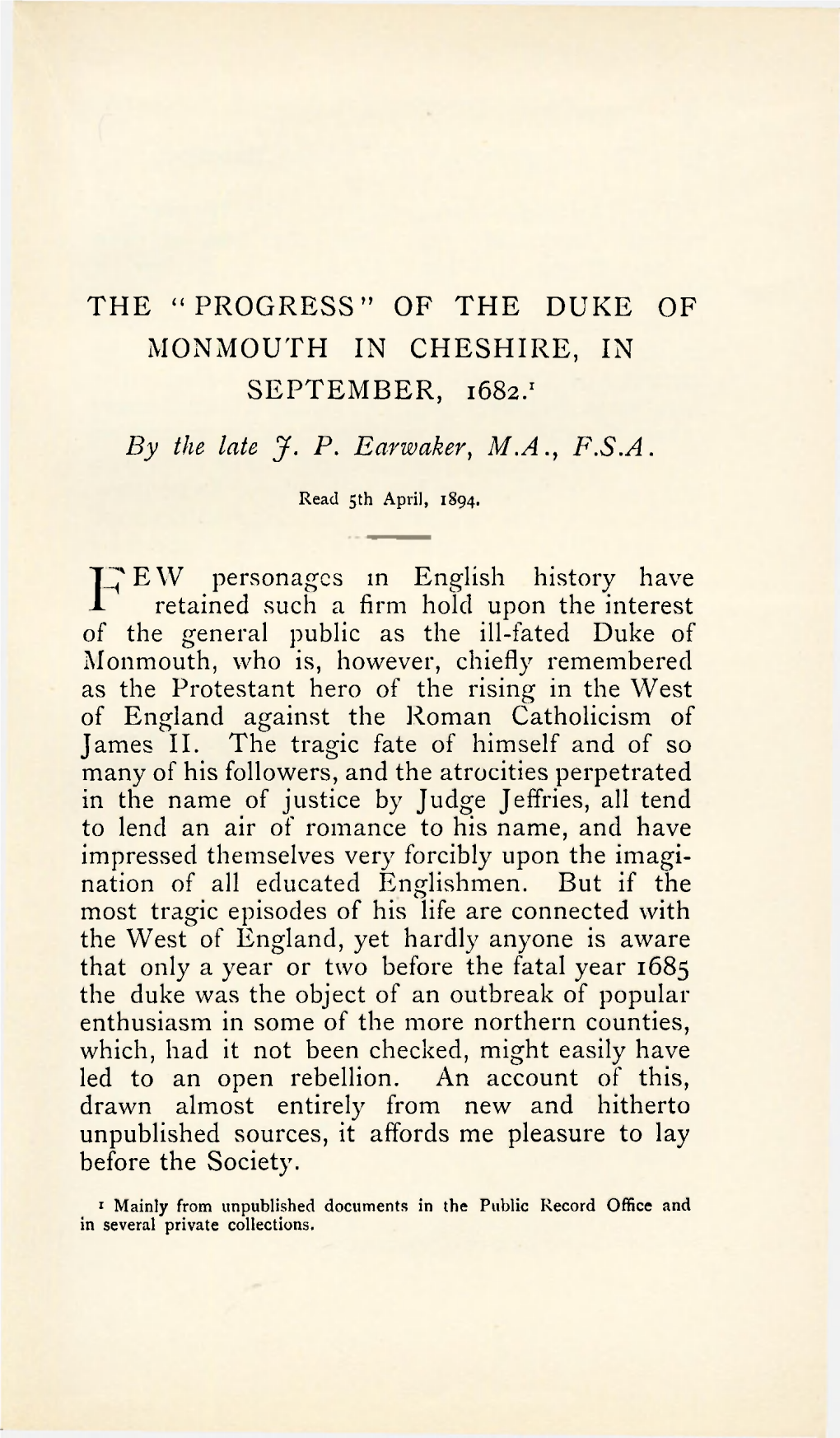 The "Progress" of the Duke of Monmouth in Cheshire, in September, 1682.1