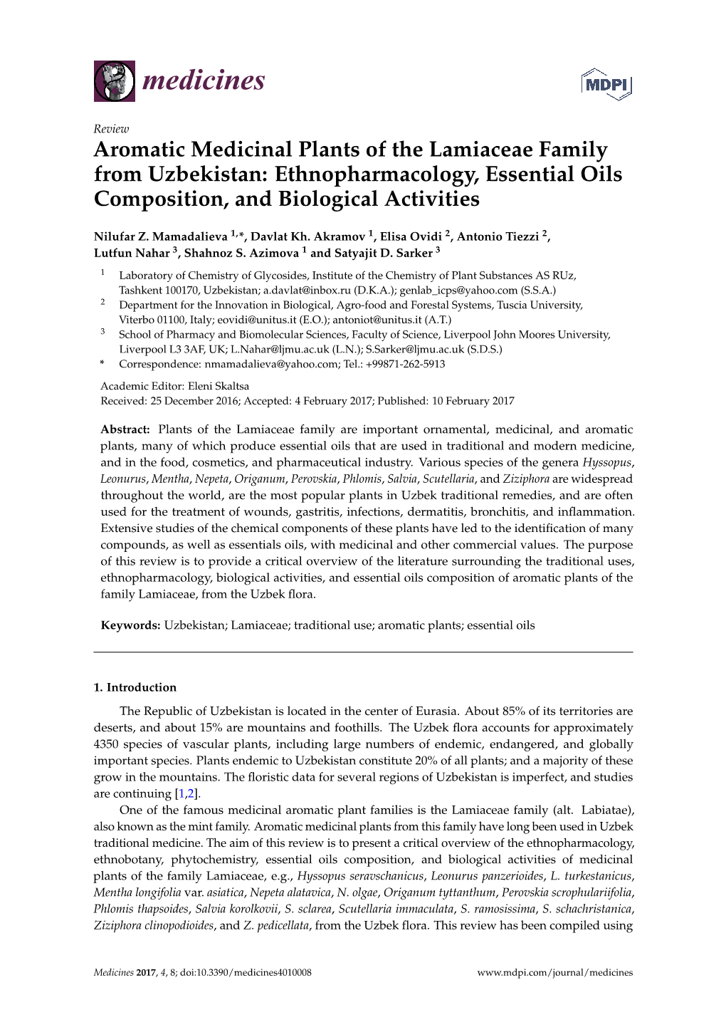 Aromatic Medicinal Plants of the Lamiaceae Family from Uzbekistan: Ethnopharmacology, Essential Oils Composition, and Biological Activities