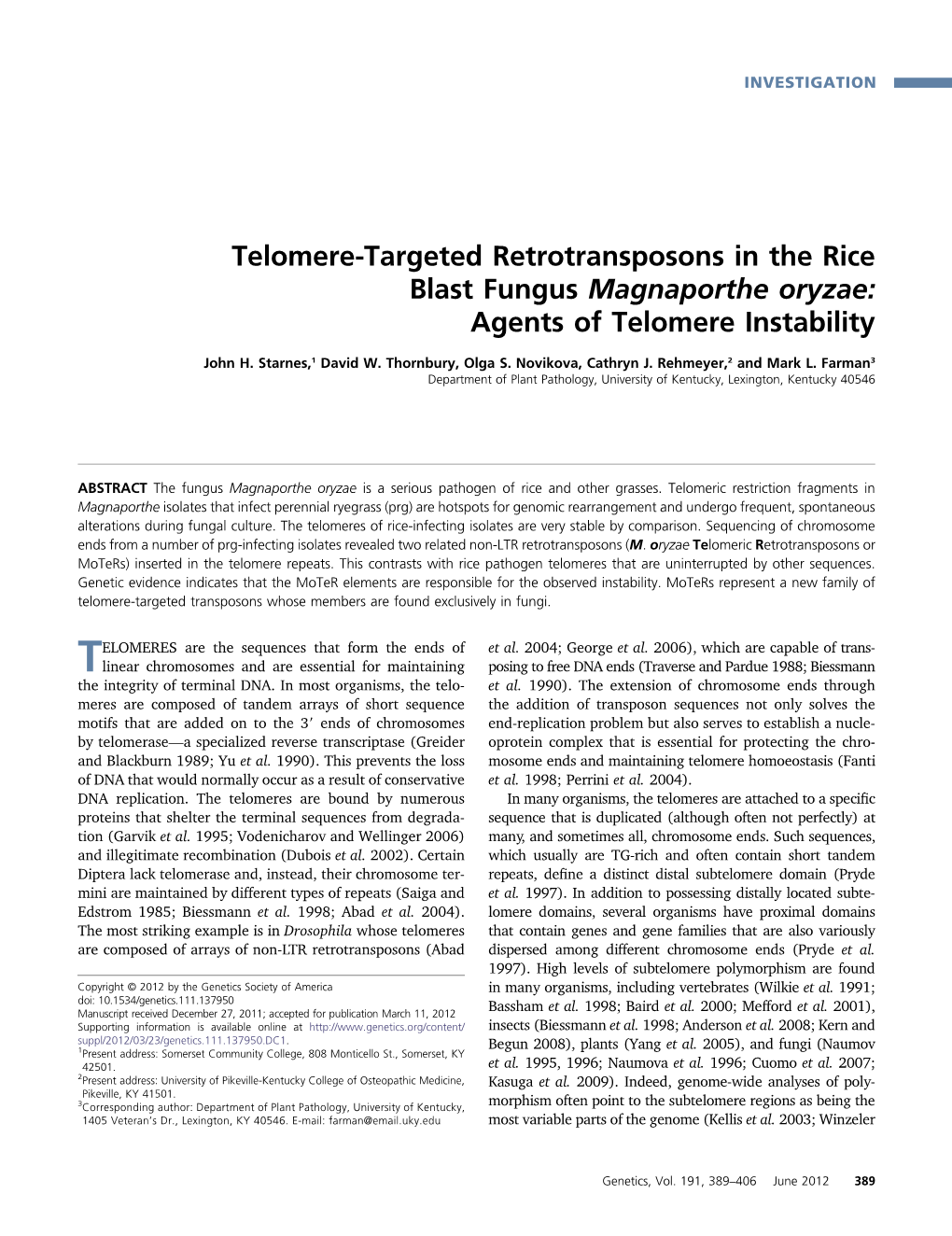 Telomere-Targeted Retrotransposons in the Rice Blast Fungus Magnaporthe Oryzae: Agents of Telomere Instability