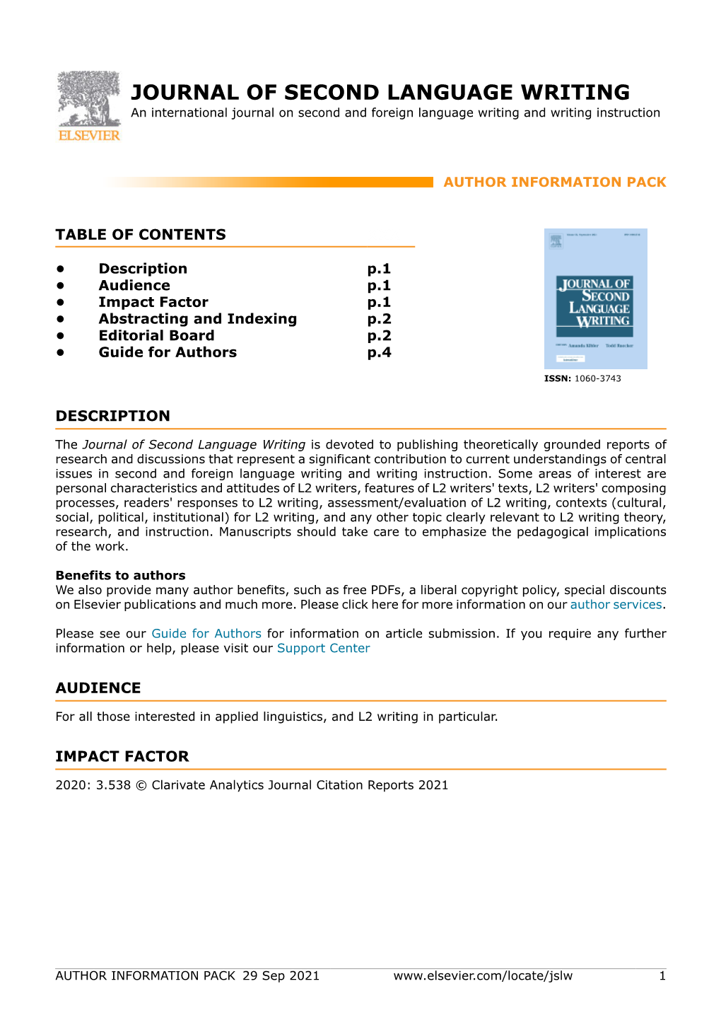 JOURNAL of SECOND LANGUAGE WRITING an International Journal on Second and Foreign Language Writing and Writing Instruction