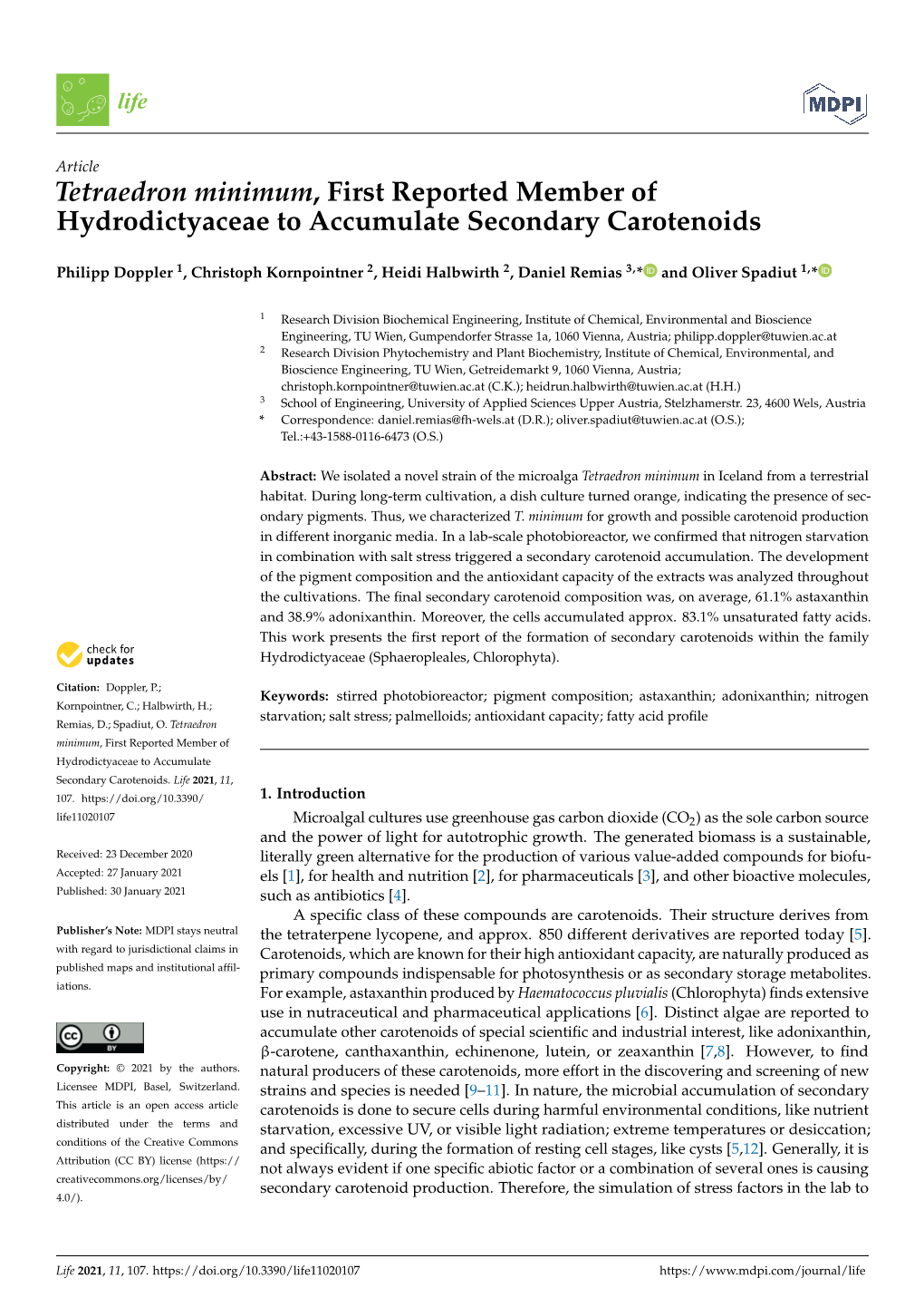 Tetraedron Minimum, First Reported Member of Hydrodictyaceae to Accumulate Secondary Carotenoids