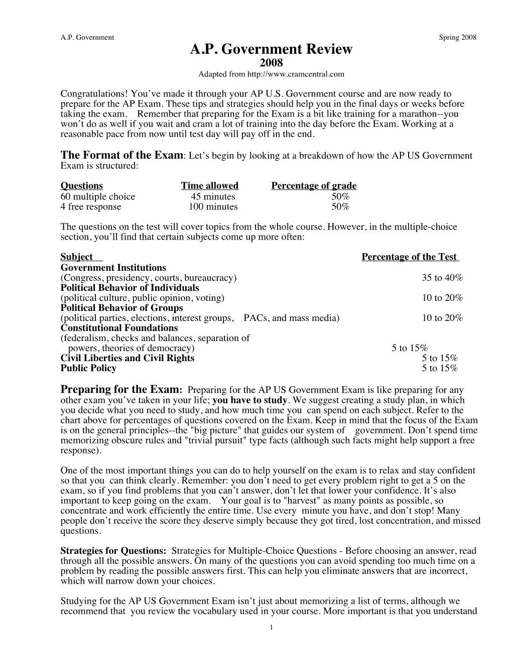 A.P. Government Review 2008 Adapted From