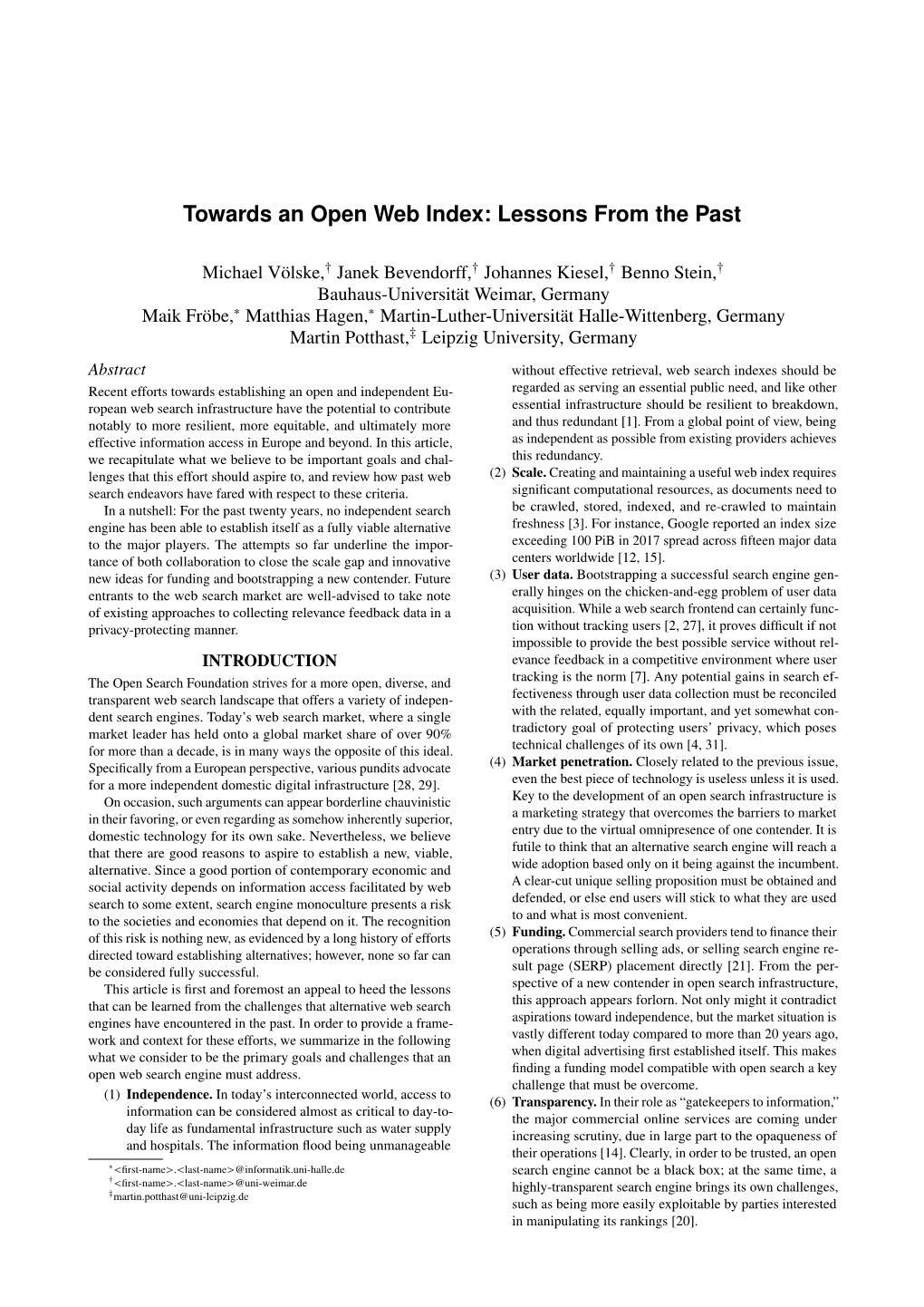 Towards an Open Web Index: Lessons from the Past