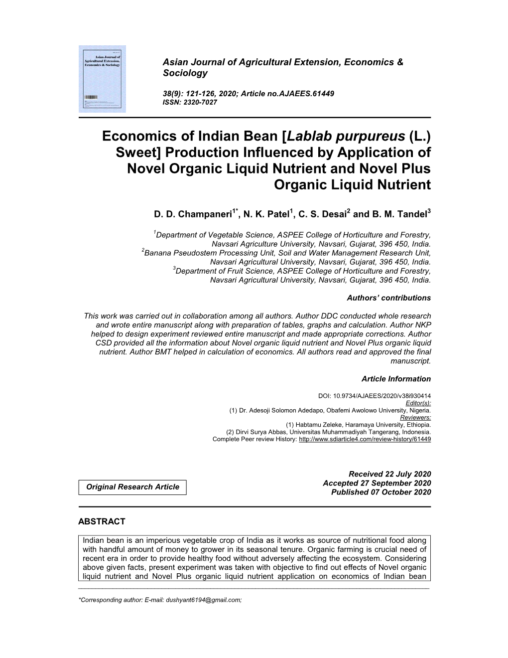 Economics of Indian Bean [Lablab Purpureus (L.) Sweet] Production Influenced by Application of Novel Organic Liquid Nutrient and Novel Plus Organic Liquid Nutrient