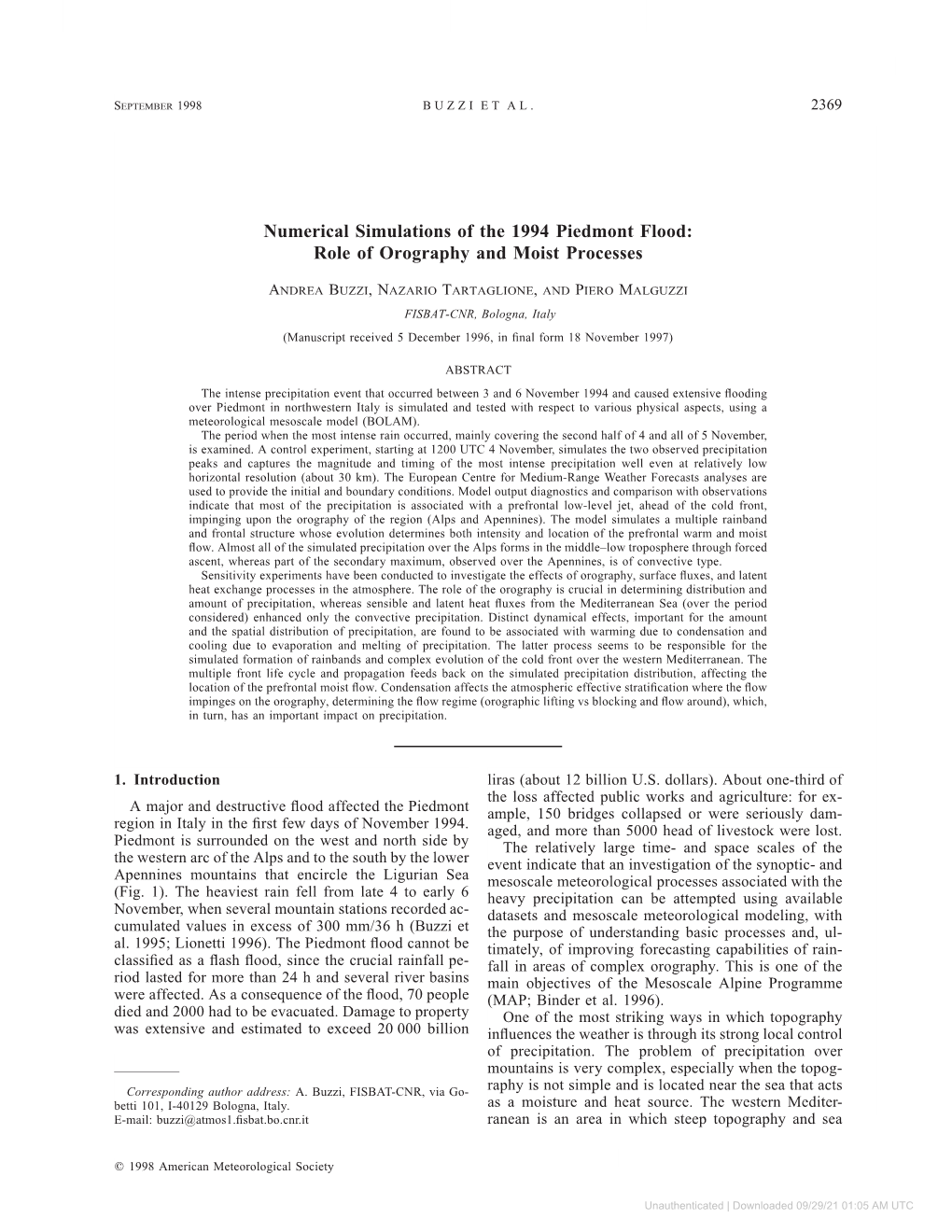 Numerical Simulations of the 1994 Piedmont Flood: Role of Orography and Moist Processes