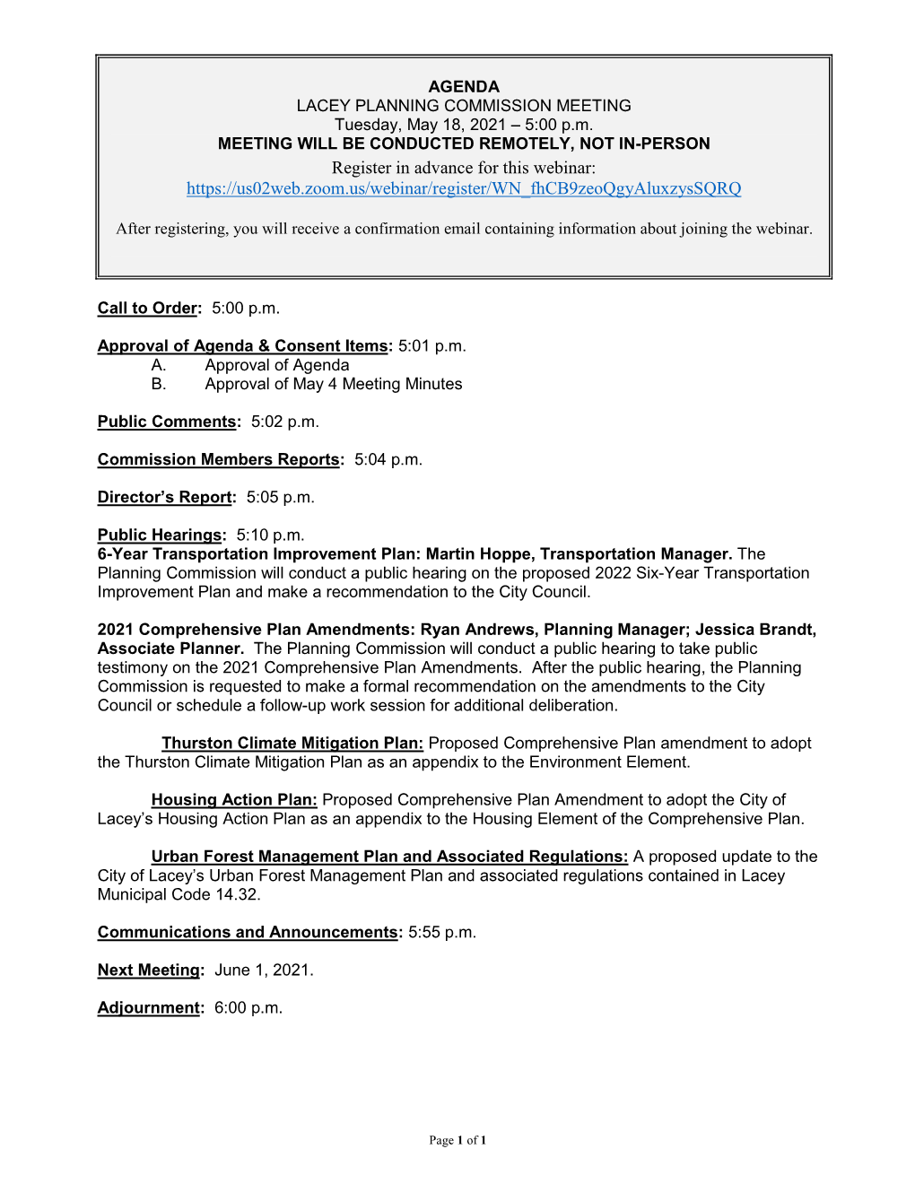 AGENDA LACEY PLANNING COMMISSION MEETING Tuesday, May 18, 2021 – 5:00 P.M