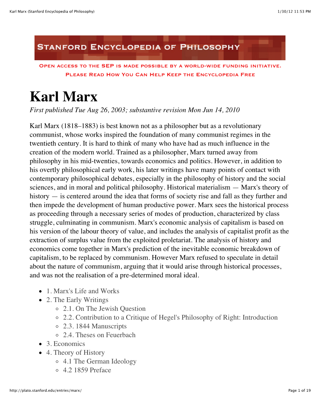 Karl Marx (Stanford Encyclopedia of Philosophy) 1/30/12 11:53 PM