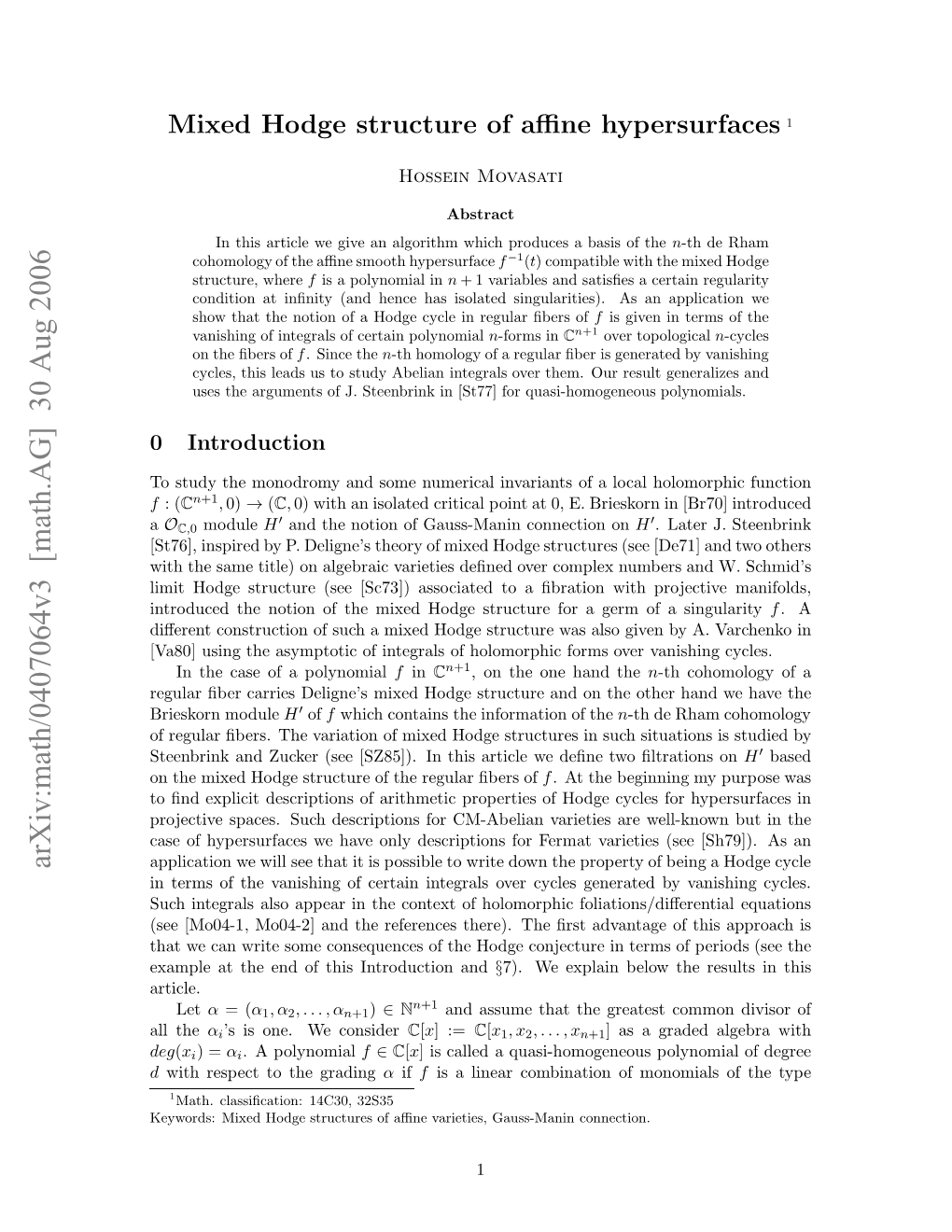 Mixed Hodge Structure of Affine Hypersurfaces 1