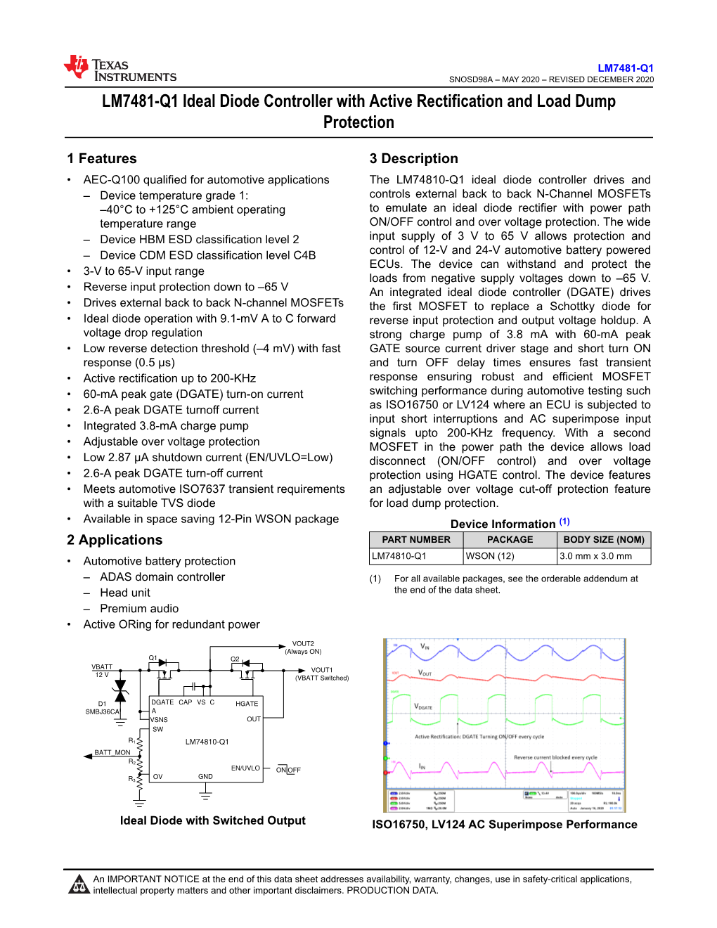 LM7481-Q1 Ideal Diode Controller with Active Rectification and Load Dump Protection