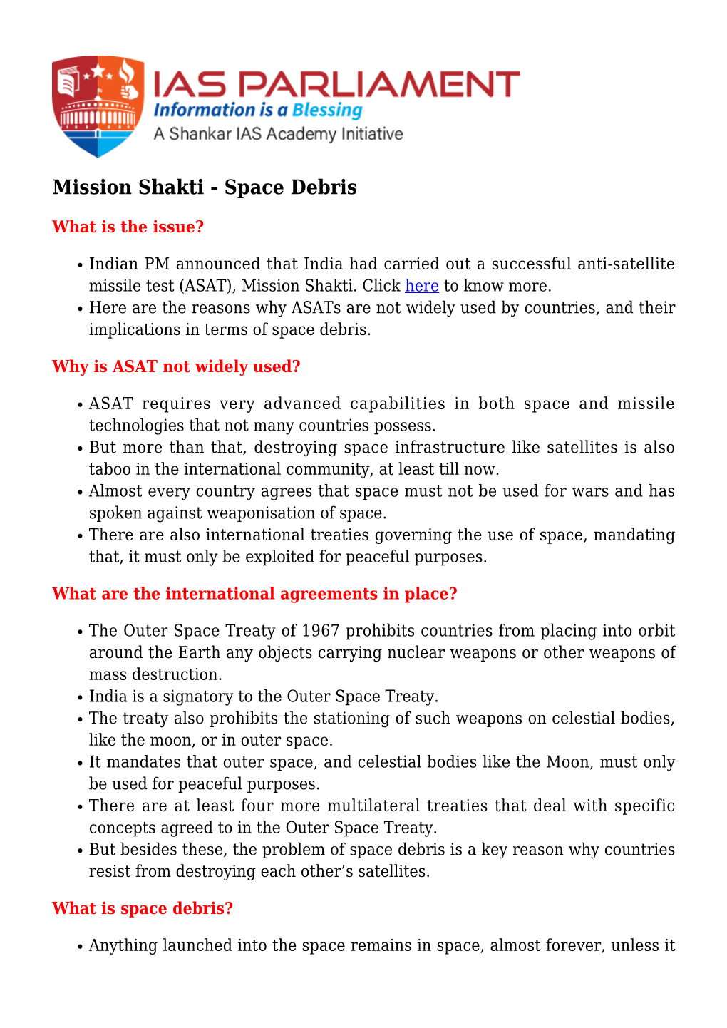 Mission Shakti - Space Debris
