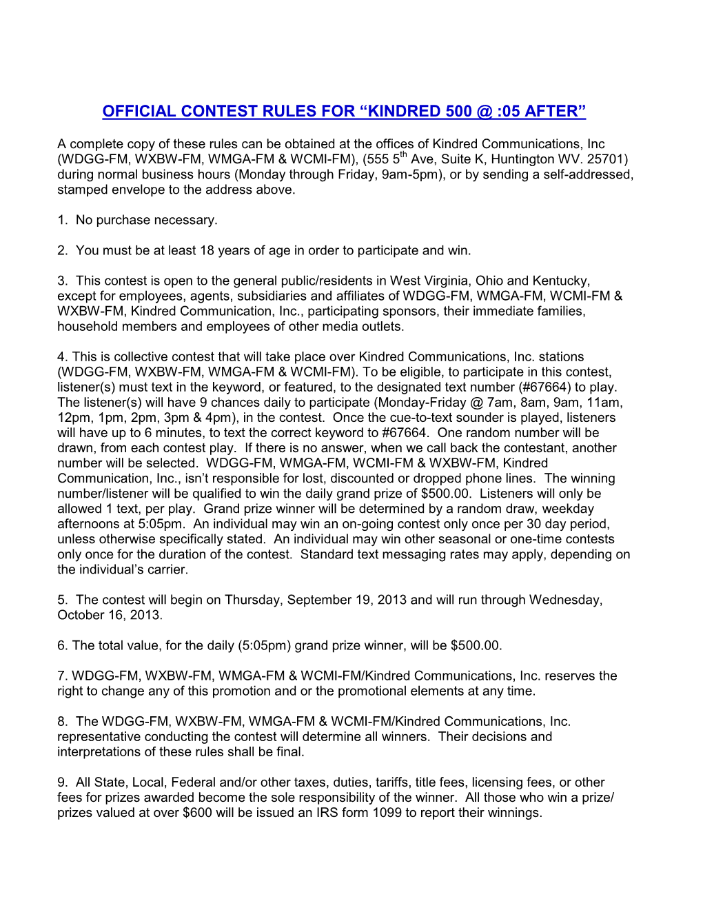 Official Contest Rules for the Wxbw “Bob's Holiday